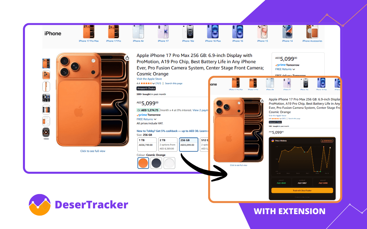 DeserTracker extension showing price history chart on Amazon.ae product page