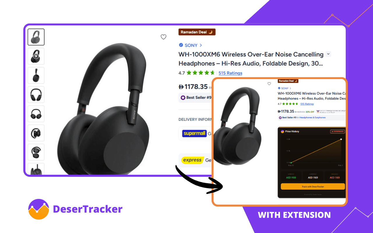 DeserTracker extension showing price tracking on Noon product page